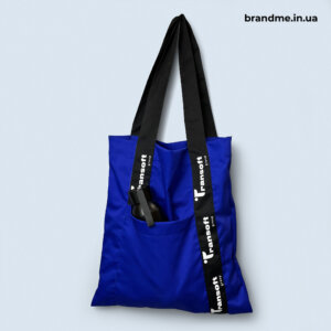 Еко-сумка з трендовим друком по стрічці з кишенькою для Transoft group в кольорі електрик Сумка з забрендованою ручкою