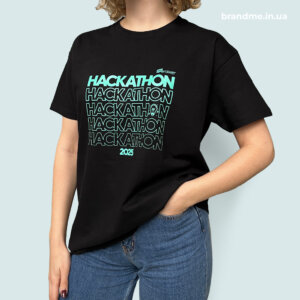 Футболка з принтом для компанії Just Answer Чорна футболка з бірюзовим принтом Hackathon 2025 для команди Just Answer